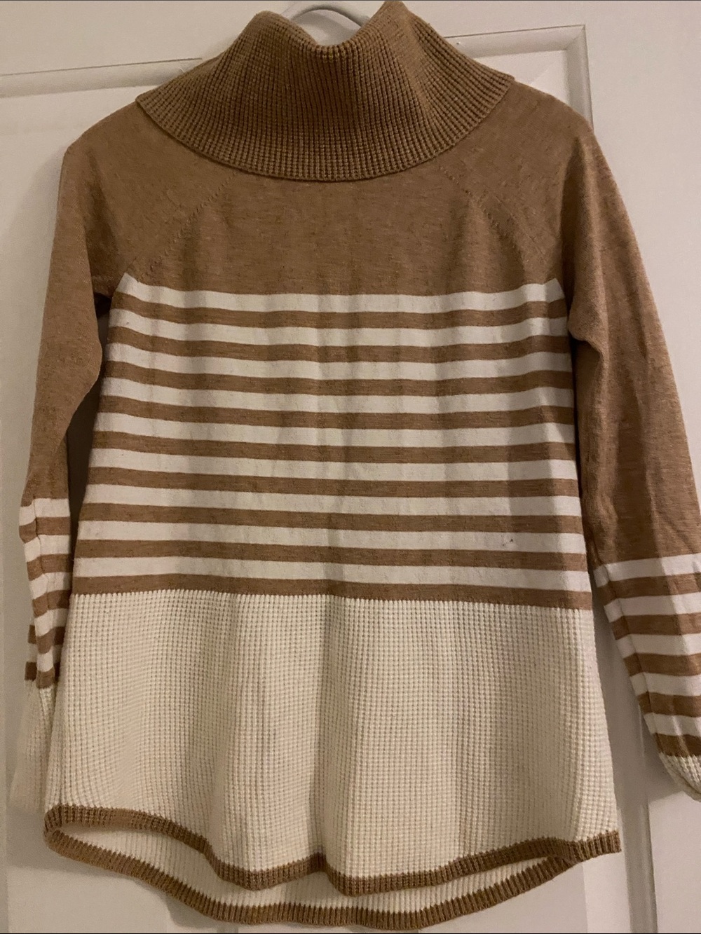 Cyrus Tan & Cream Striped Cowl Turtleneck Sweater